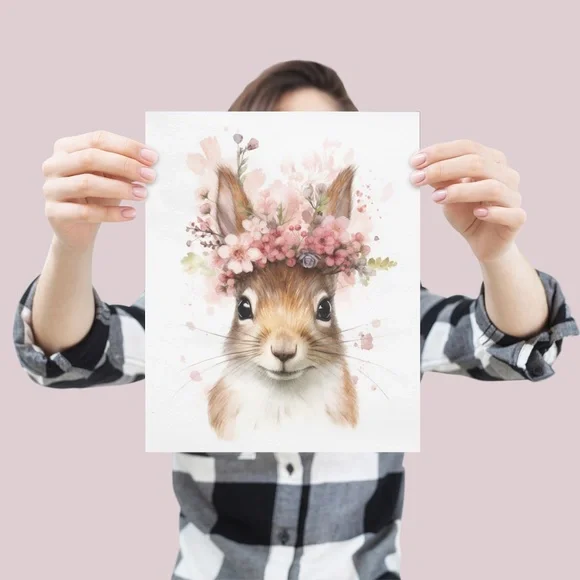 Watercolor Floral Squirrel Portrait Wall Art Illustration Print Poster Unframed - Picture 5 of 6